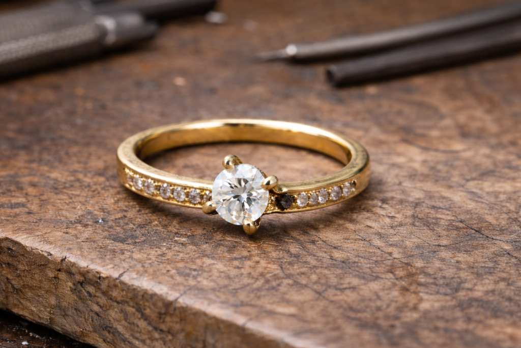 gold diamond ring with one diamond that fell out