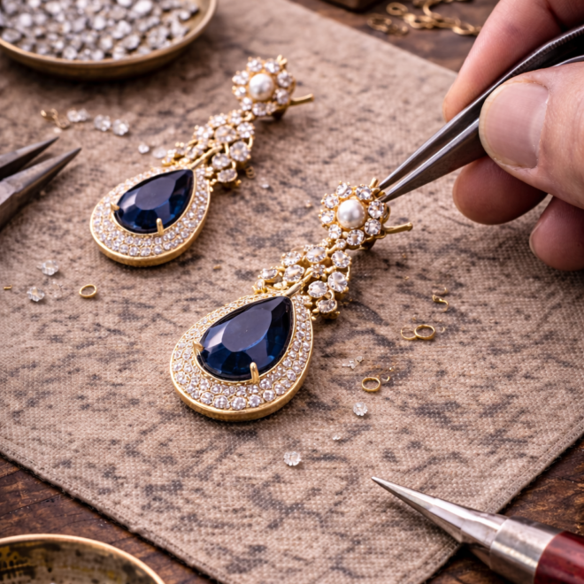 sapphire earrings being repaired by jeweler
