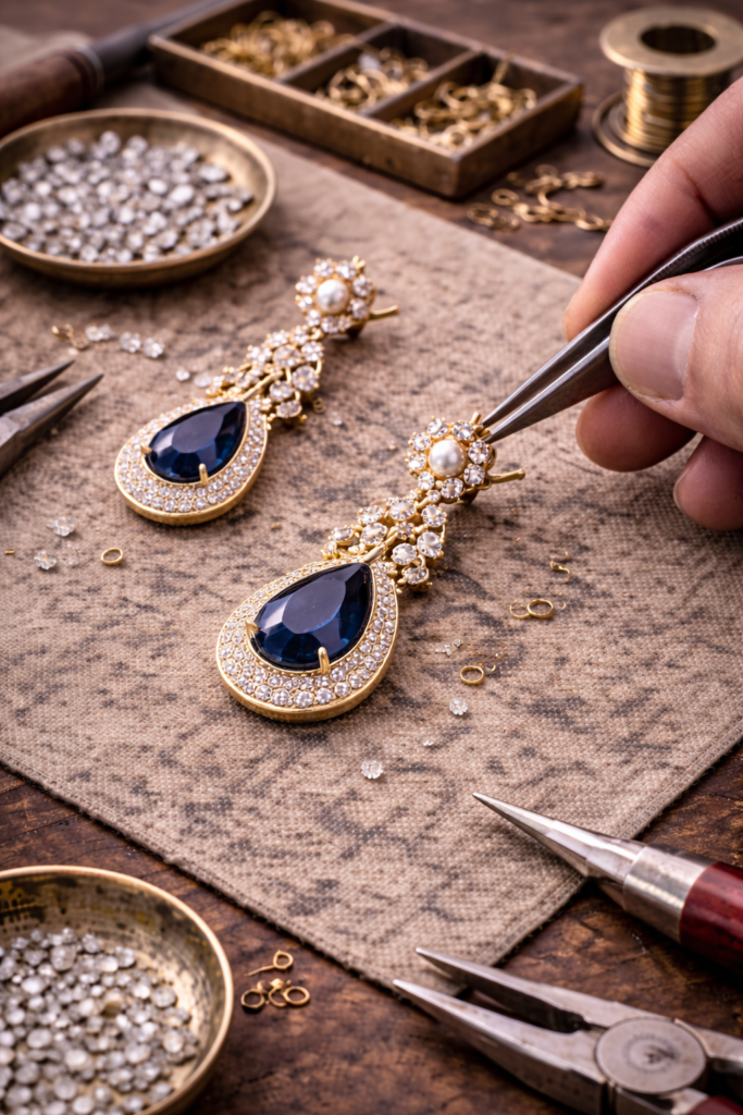 sapphire earrings being repaired by jeweler