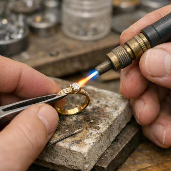 jeweler repairing diamond ring with tools