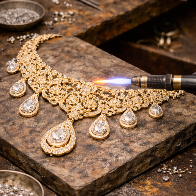 gold diamond necklace being repaired by jeweler