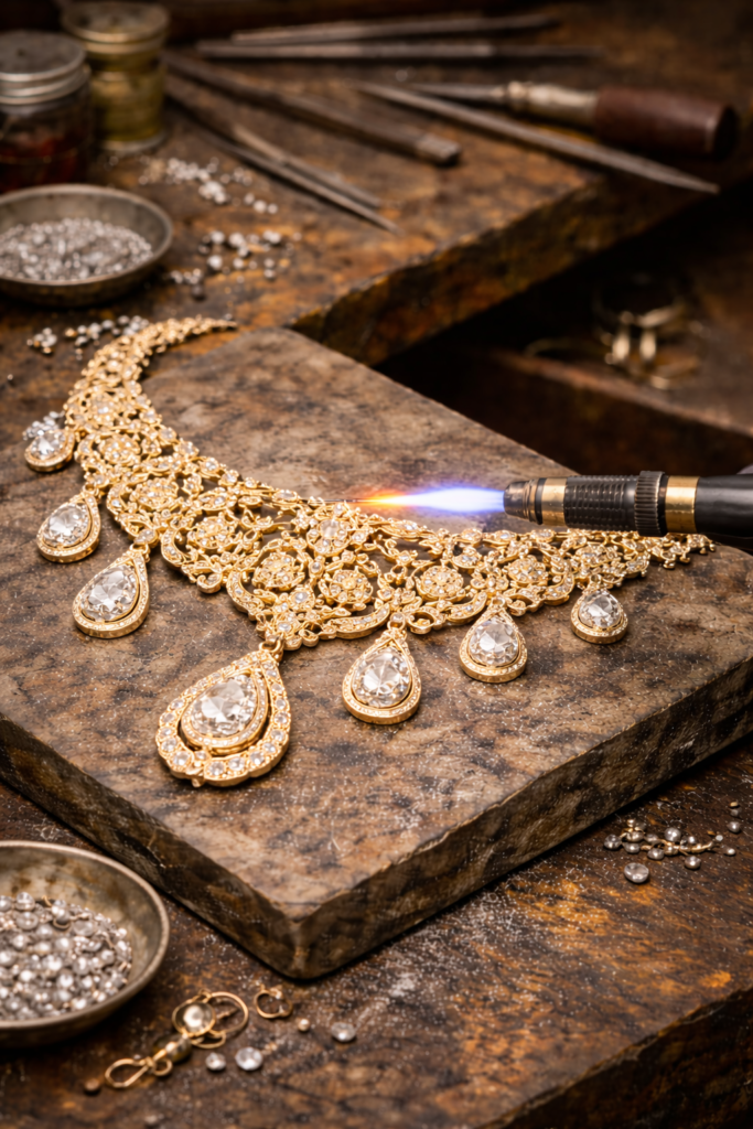 gold diamond necklace being repaired by jeweler